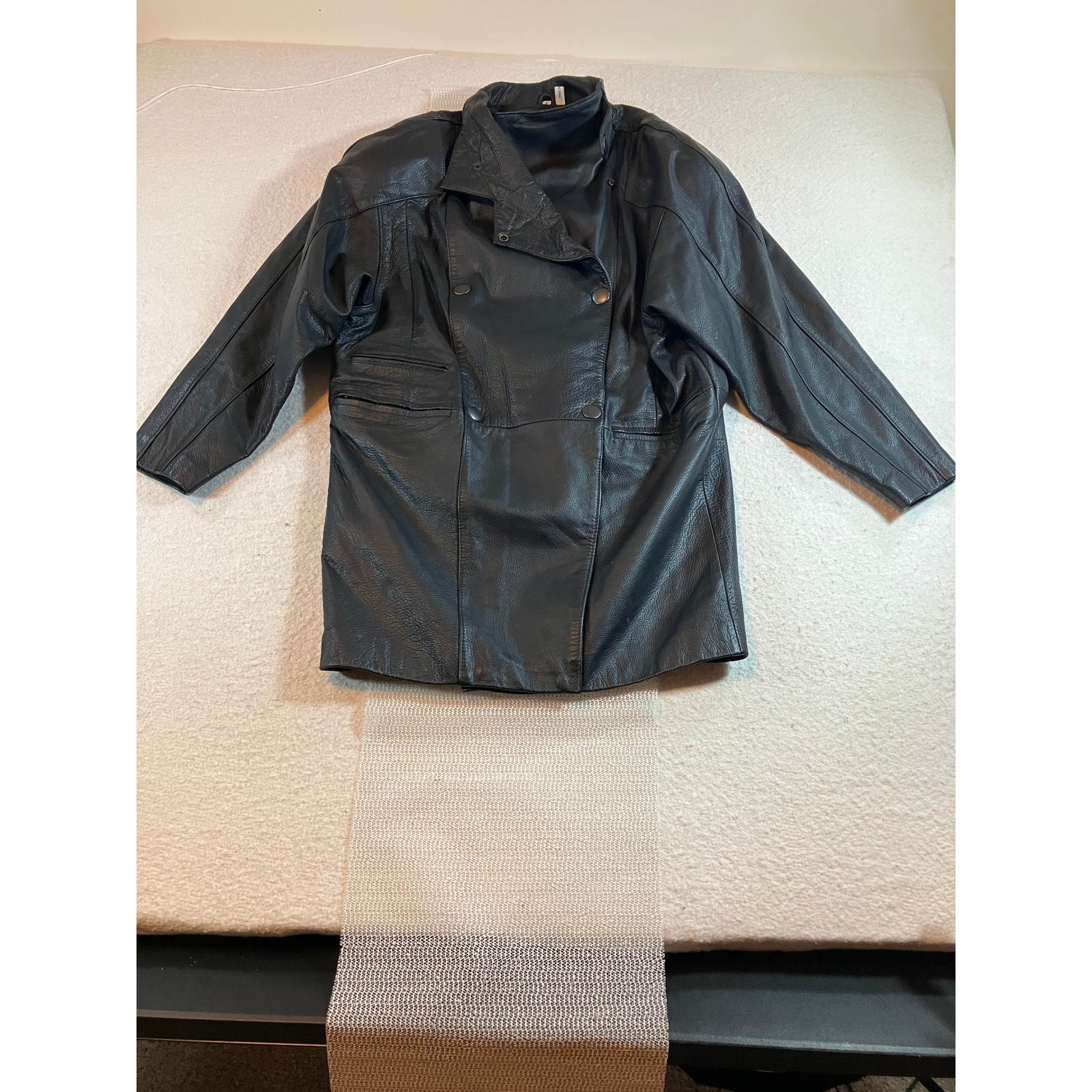 Vintage Black Genuine Leather Coat Double Breasted Funnel Neck Jacket Womens S